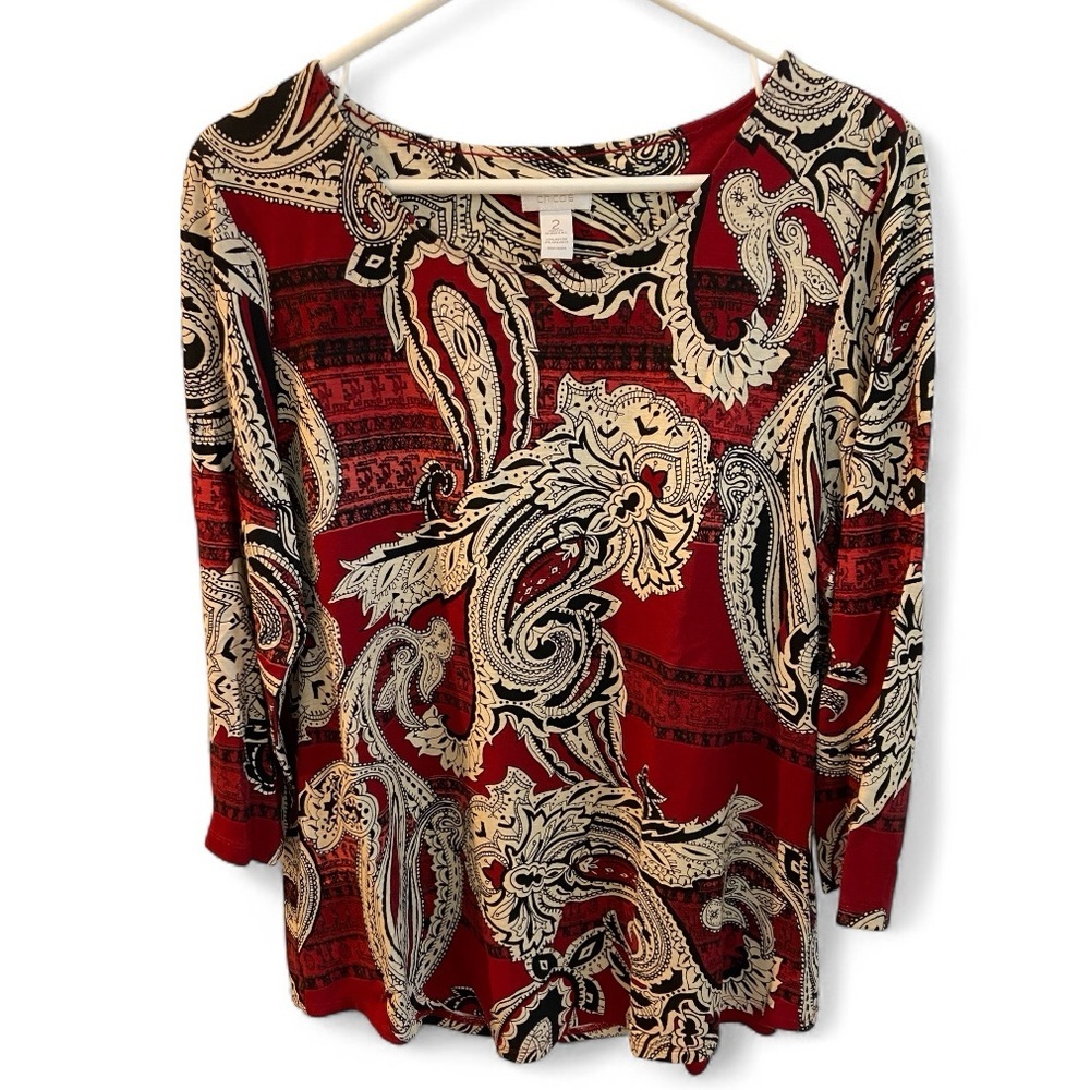 Chico's Red Black and Cream Abstract Print Top